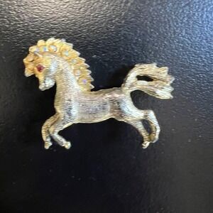 Prancing Horse Brooch Gold Tone Rhinestone Mane Red Eye Vintage Style Equestrian